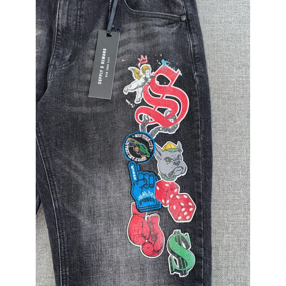 Supply & Demand Cayman Slim Fit Jeans Black Graphic Patch 36W XL SUM17440